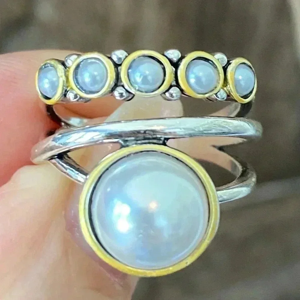 Size 7 Pretty Gold & Silver Tone Pearl Ring NEW